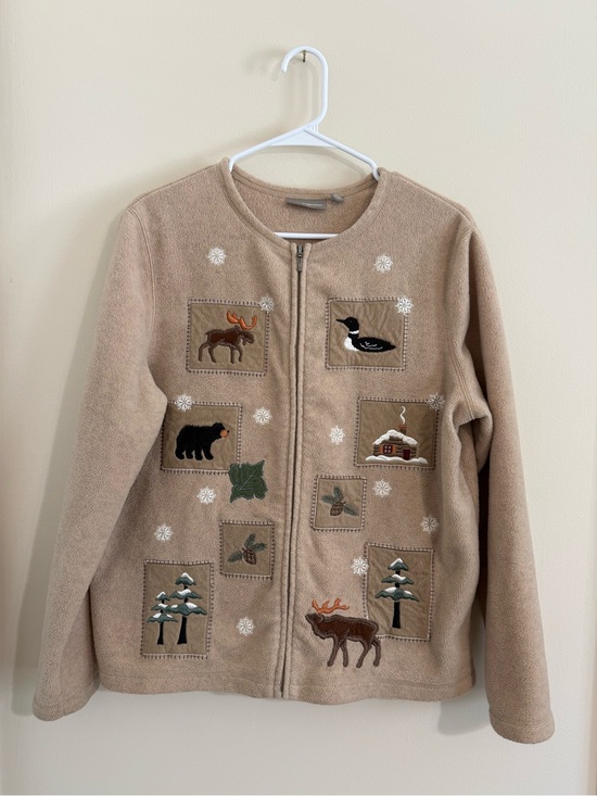 croft & barrow Jackets & Blazers - croft & barrow Womens Large Tan Zip-Front Fleece Jacket Embroidered Mountain VTG